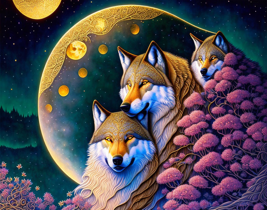 Stylized wolves in night scene with moon and stars