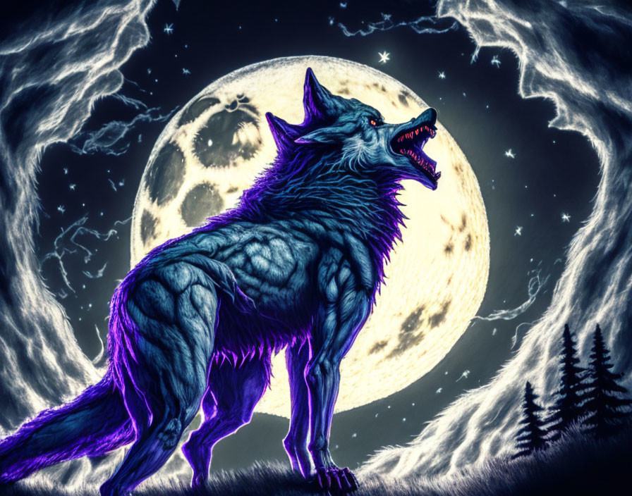 Detailed Illustration of Snarling Wolf in Purple Tones with Full Moon