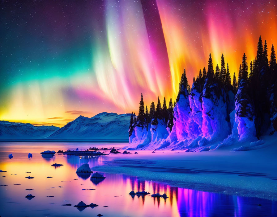 Colorful Aurora Borealis Above Snowy Landscape