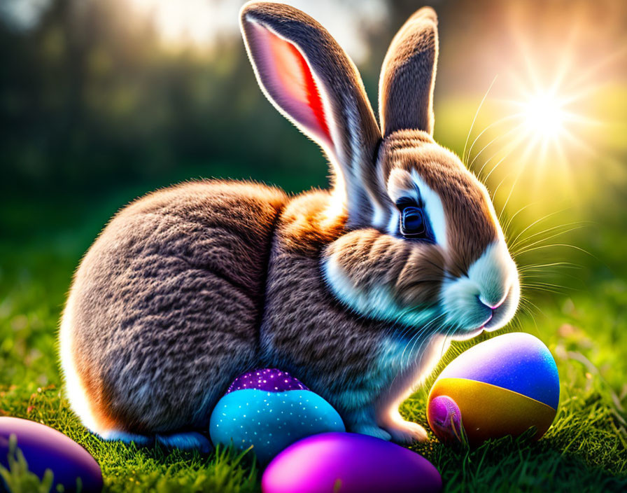 Brown and White Rabbit with Easter Eggs on Grass