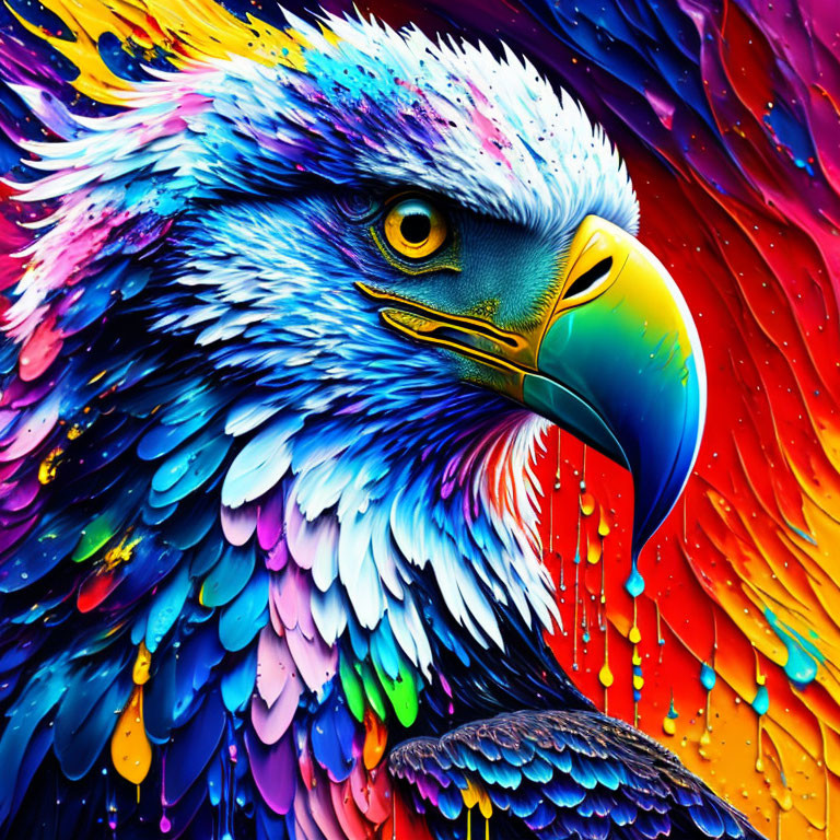 Colorful Eagle Artwork with Rainbow Plumage on Paint-Splattered Background