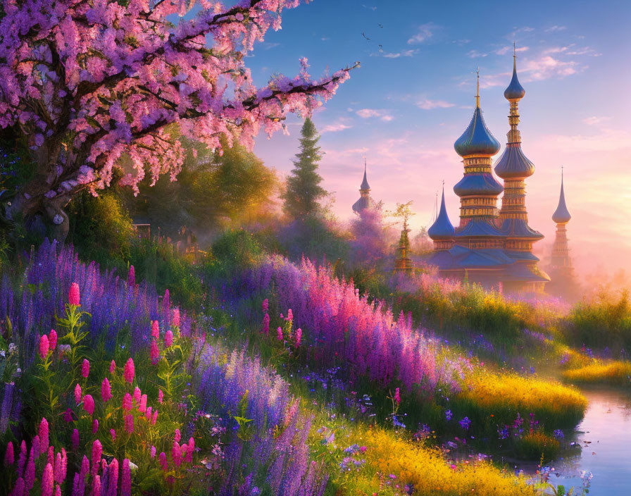 Serene landscape with colorful flowers, river, and castle at sunrise