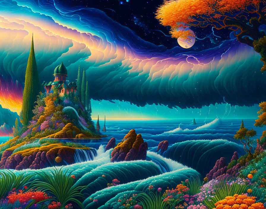 Fantasy landscape with castle, hills, flowering trees, and starry sky