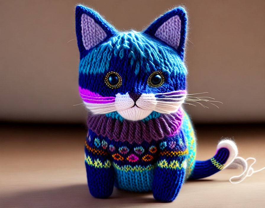 Colorful Knitted Toy Cat with Blue and Purple Patterns