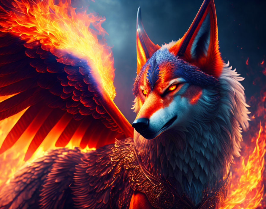 Majestic fiery-winged wolf with vibrant plumage