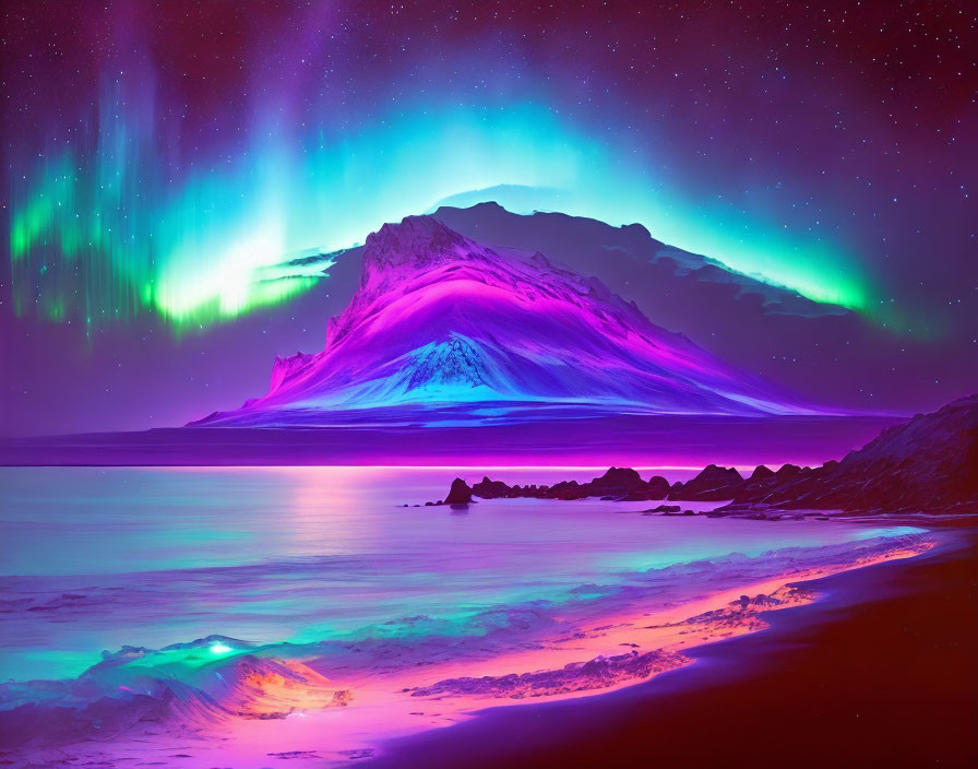 Colorful Aurora Borealis Above Snowy Mountain and Illuminated Beach