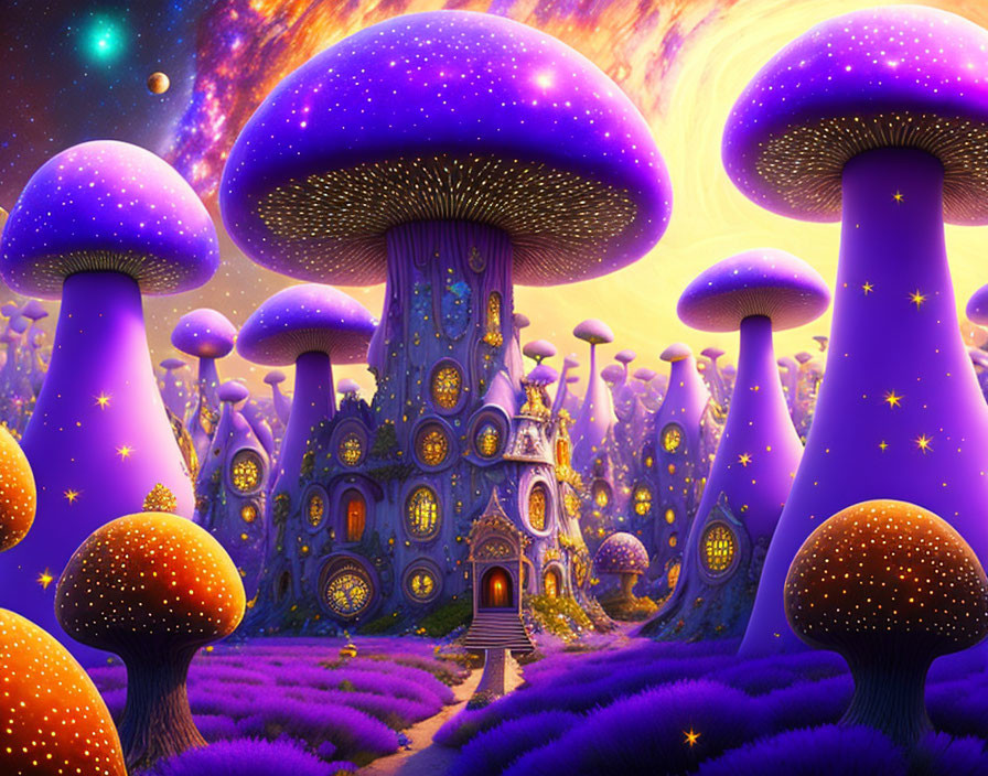 Fantasy landscape with glowing mushrooms and whimsical house among purple foliage