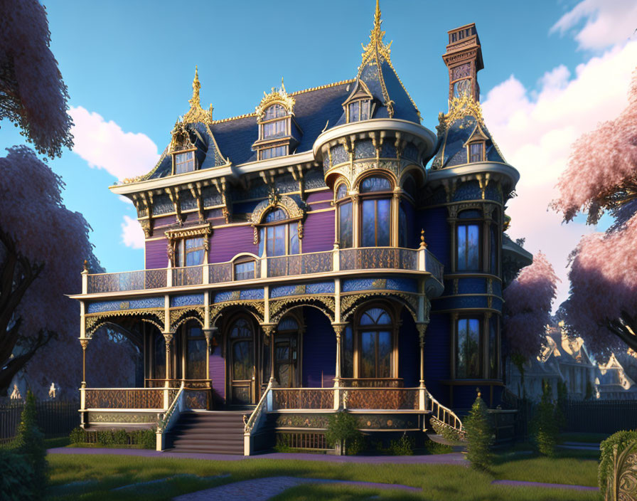 Victorian mansion with intricate woodwork, iron fence, cherry trees, and dusk sky.