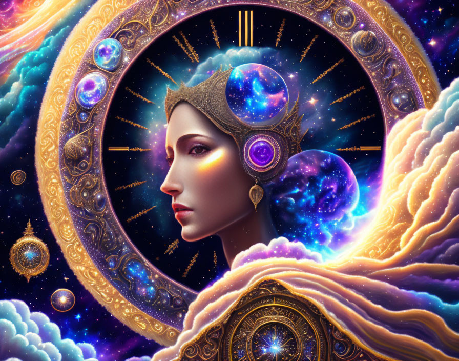 Surreal portrait merging woman's face with cosmic elements and clock circle.