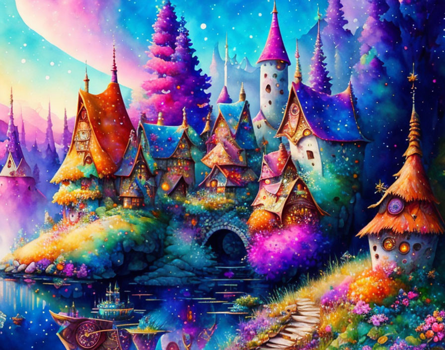 Fantasy village with colorful cottages, castle tower, and starry sky