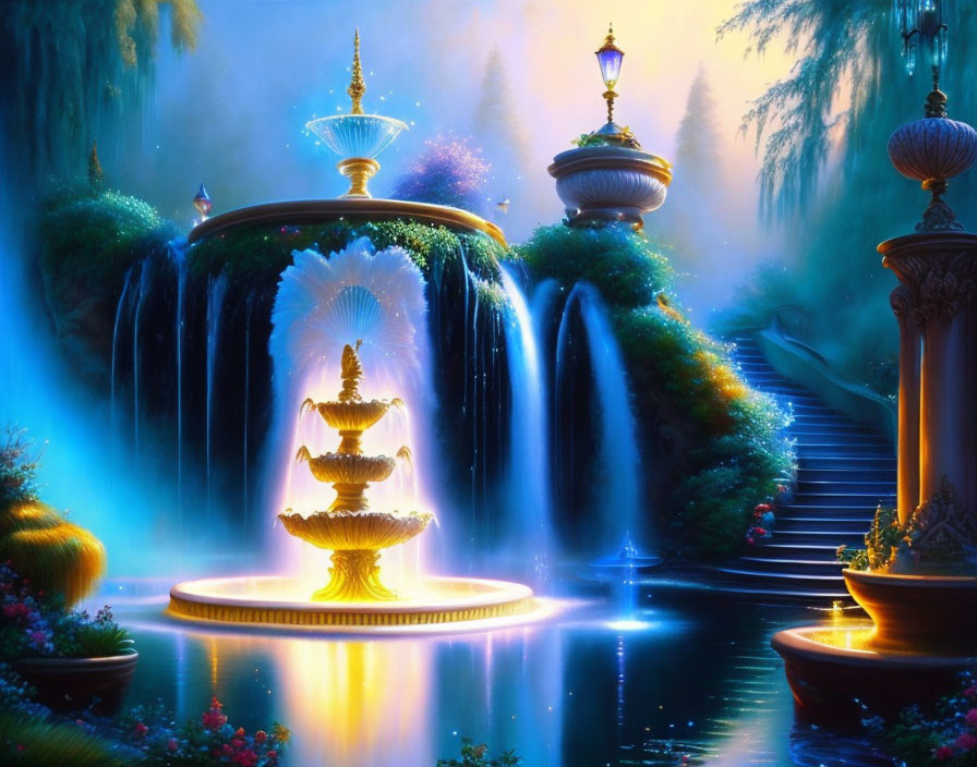 Enchanted garden with fountains, waterfalls, and mystical ambiance