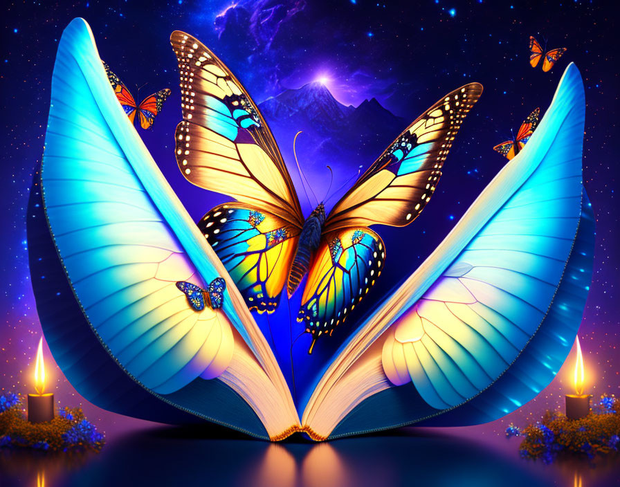 Open book with butterfly wings on night sky background.