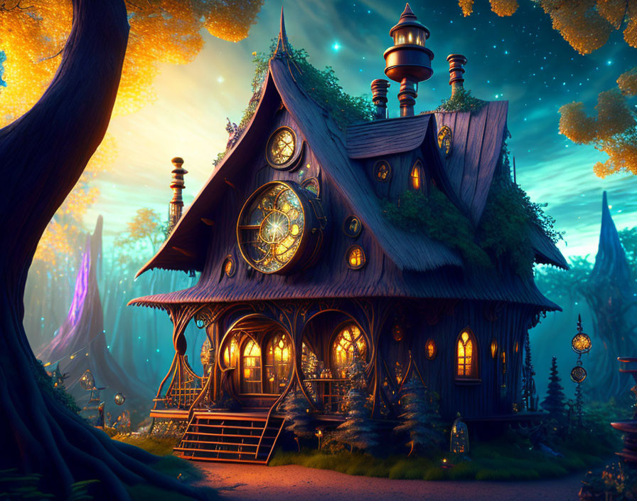 Enchanting forest cottage with intricate clock designs in twilight glow