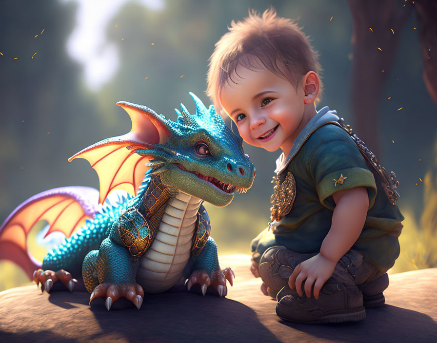 Happy toddler and blue dragon in sunny forest setting