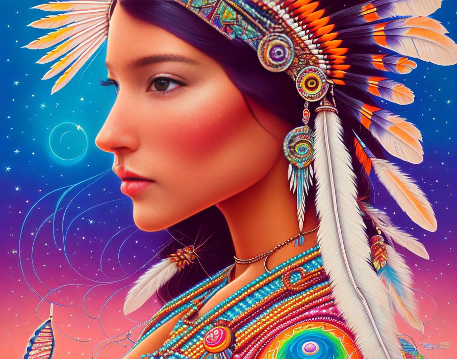 Vibrant digital art portrait of woman in Native American headdress