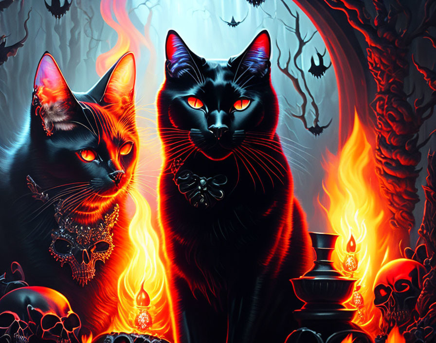 Black Cats with Glowing Red Eyes in Fiery Inferno Scene