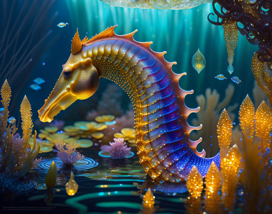 Colorful seahorse in underwater scene with coral and anemones