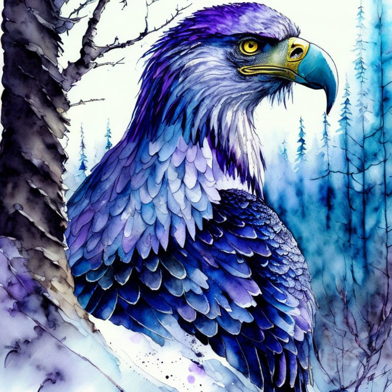 Detailed Watercolor Painting of Eagle in Purple and Blue Plumage