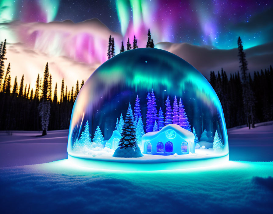 Colorful Aurora Borealis Over Snowy Landscape with Illuminated Dome House