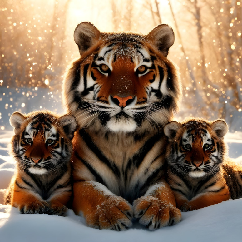 Siberian Tiger Mother with Cubs