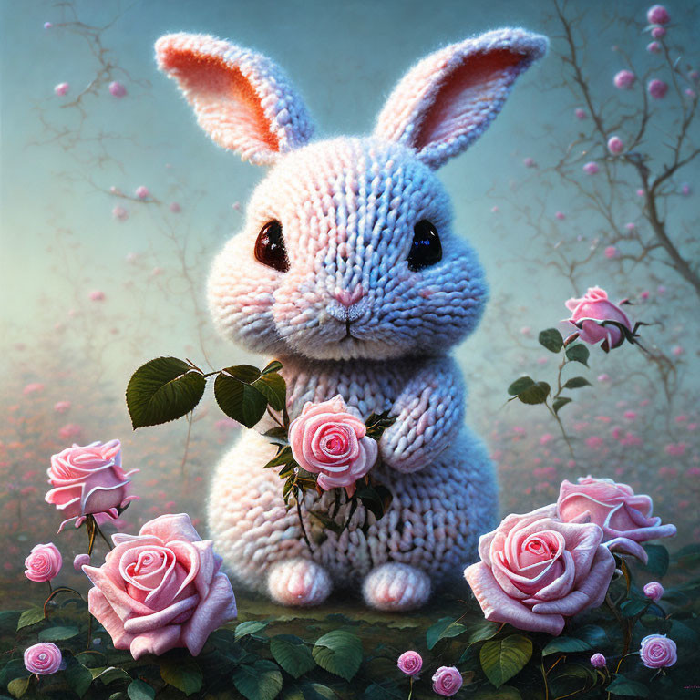 Knitted bunny with rose among pink roses in misty background