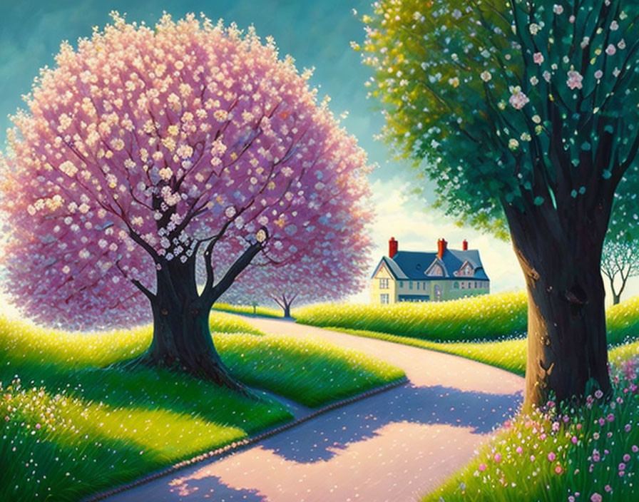 Illustration of blooming trees along a pathway to a quaint house in lush landscape