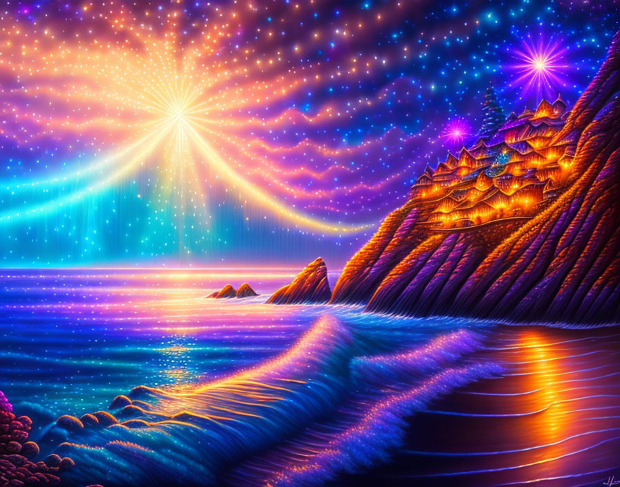 Vibrant digital art: starry sky, sun, mountains, ocean waves