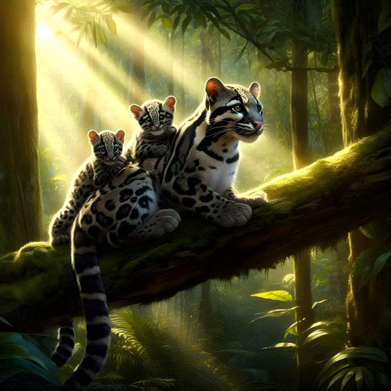 Clouded Leopard Mother with Cubs