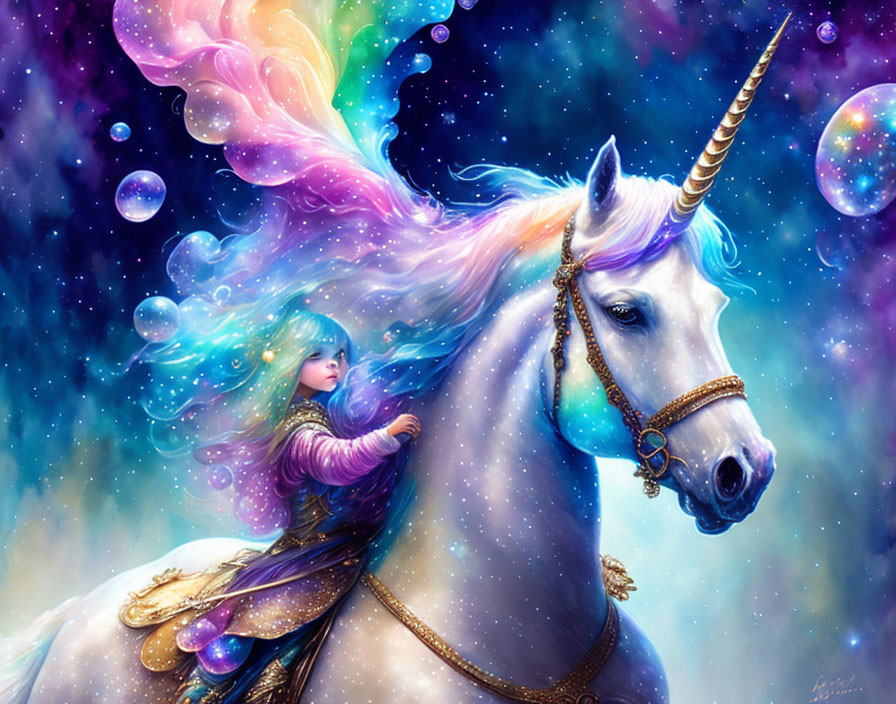 Child hugging white unicorn under starry sky with colorful mane and bubbles