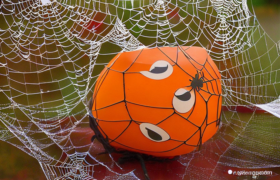 Spooky Halloween-themed orange ball with face in spiderweb.