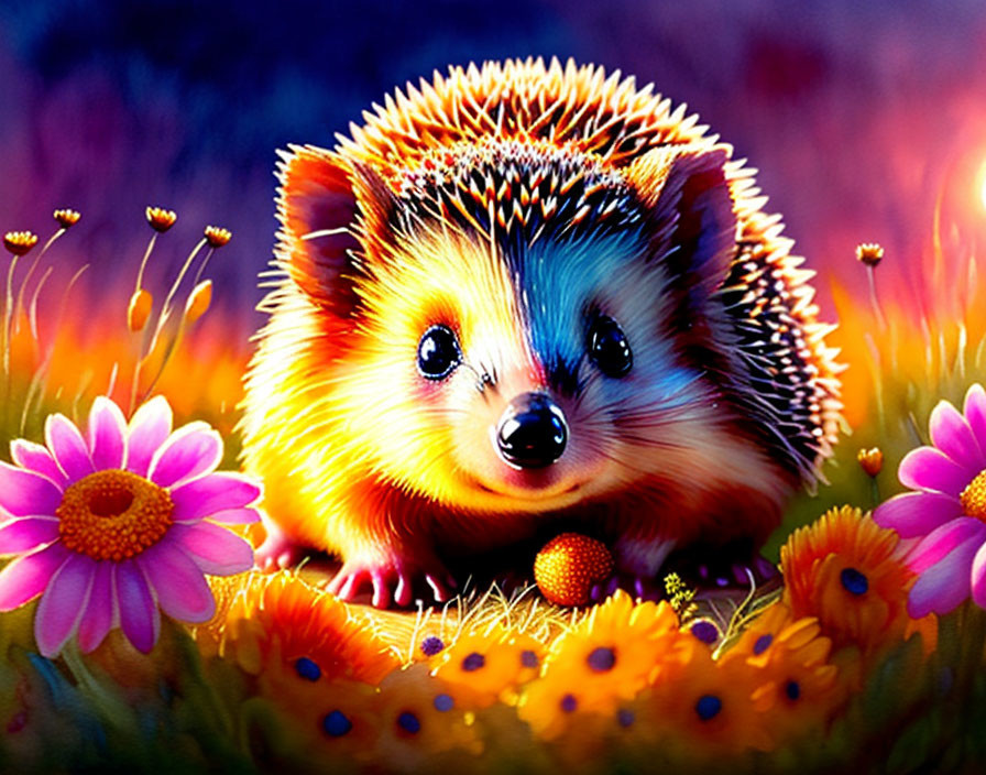 Colorful hedgehog surrounded by vibrant flowers and lush grass in magical glow