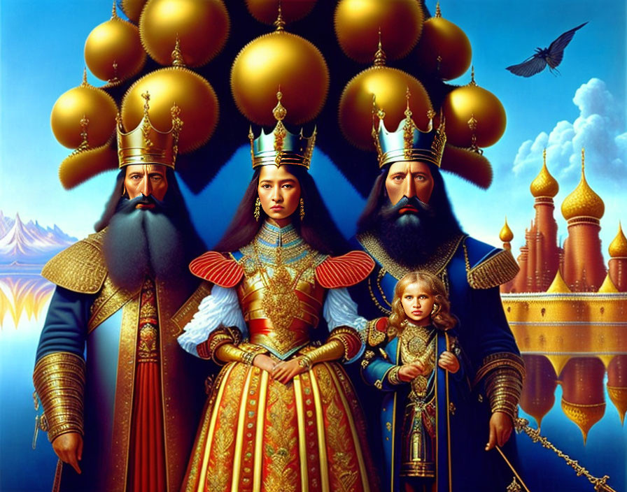 Fantastical painting of royal family in ornate clothing with golden domes & flying ship