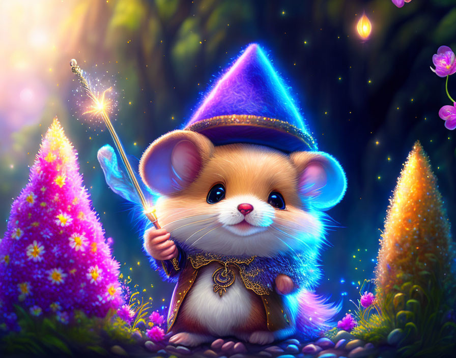 Illustrated wizard mouse with hat and wand in enchanted setting