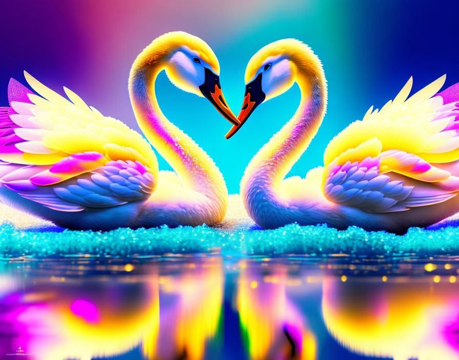 Colorful Stylized Swans Form Heart Shape on Reflective Background