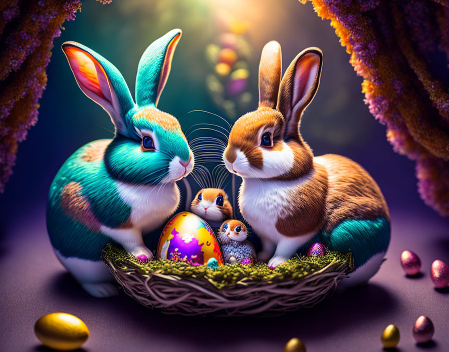 Colorful rabbits with decorated eggs and chicks in whimsical setting.