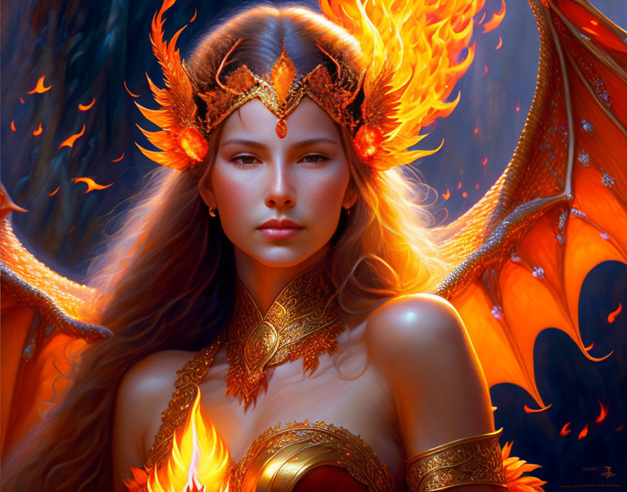 Fantasy artwork of a woman with fiery wings and hair in gold armor