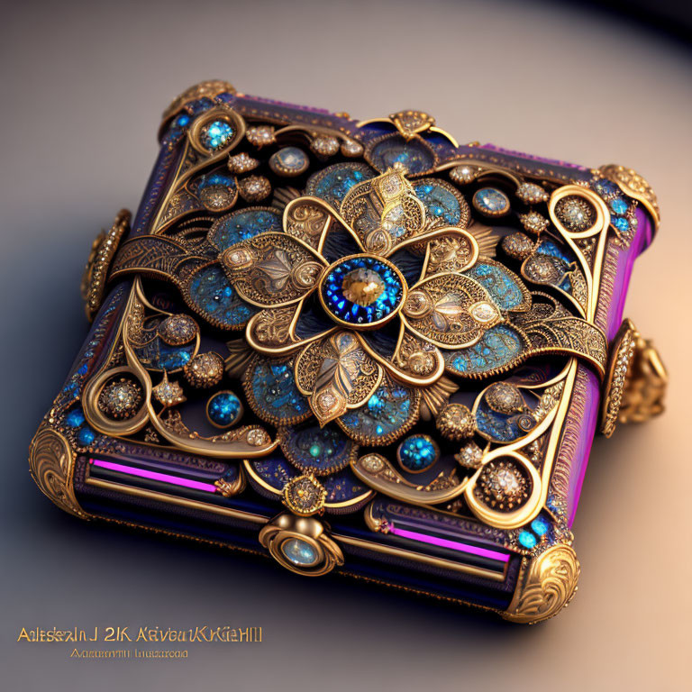 Golden jewel-encrusted box with blue gemstone floral motif