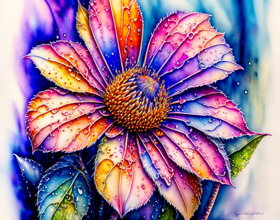 Multicolored painted flower with water droplets on blue-purple background