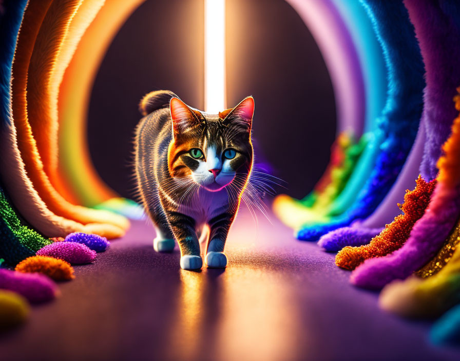 Colorful Rings Background with Cat Walking Forward