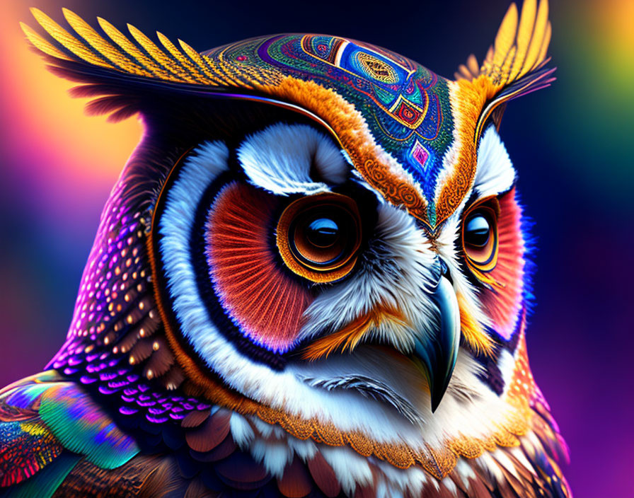 Colorful Digital Artwork: Owl with Intricate Patterns and Expressive Eyes