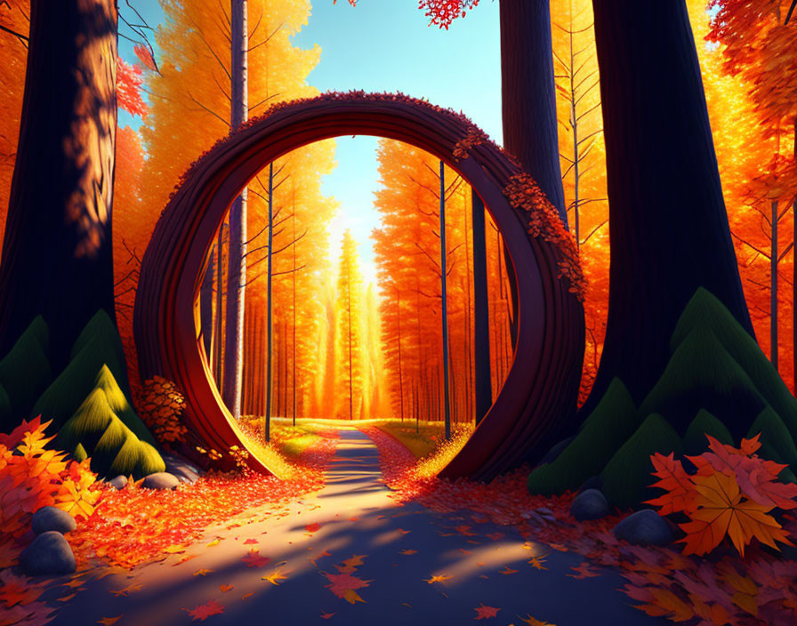 Vibrant orange and yellow autumnal forest with circular archway