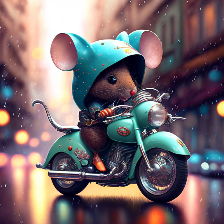 Illustrated mouse on scooter in turquoise helmet on rainy city street at twilight