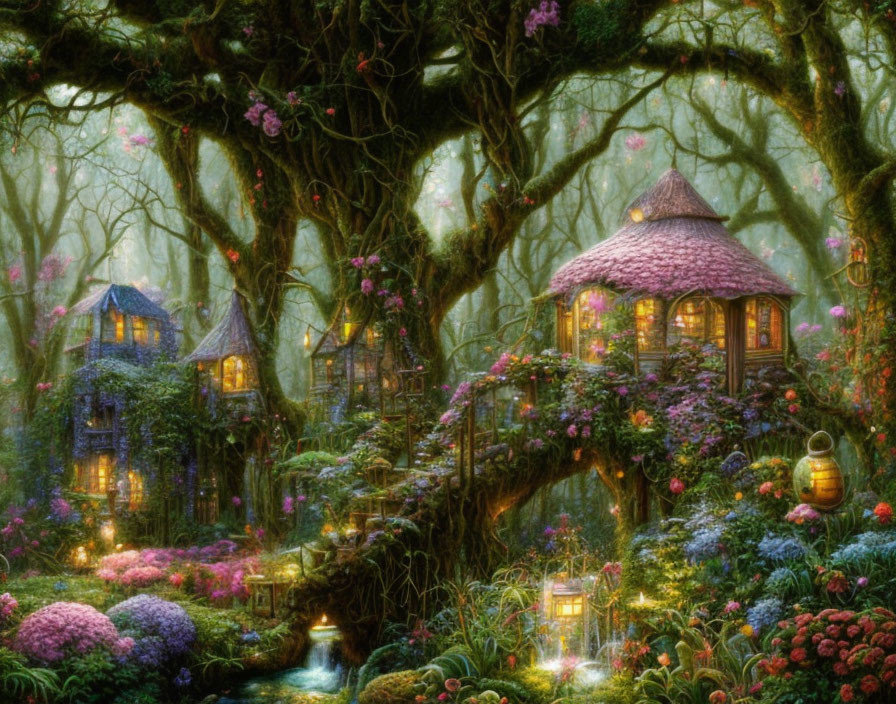 Whimsical forest scene with treehouses, bridges, flowers, and lanterns