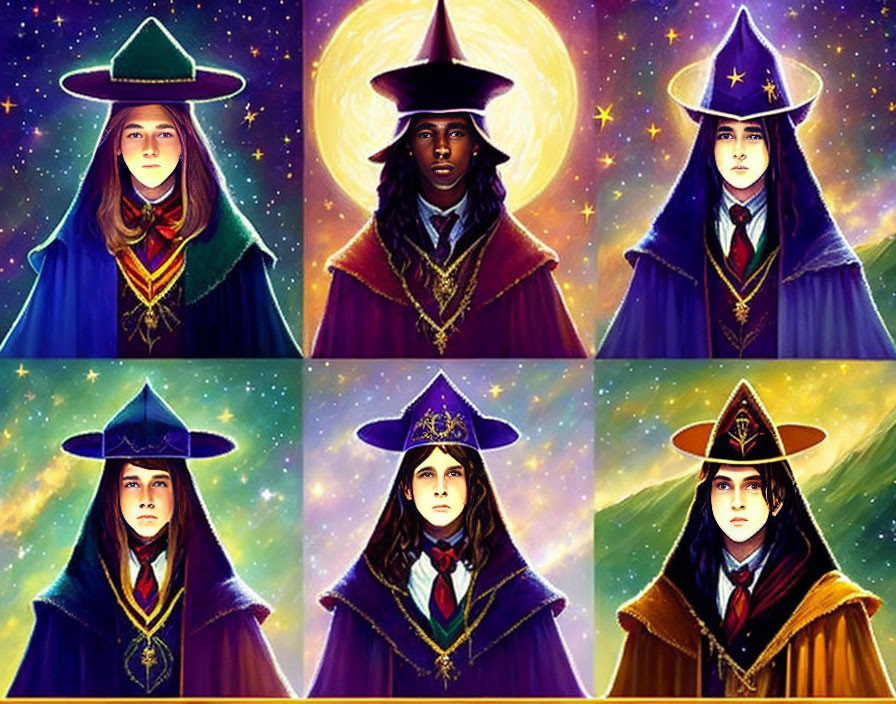 Six diverse wizards in pointed hats against cosmic backdrop with stars and moons