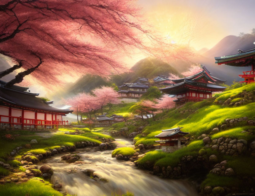 Tranquil landscape with vibrant stream, red buildings, and cherry blossoms