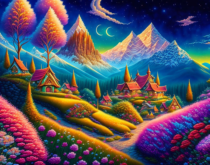 Colorful fantasy landscape with whimsical houses and towering mountains under starry night sky