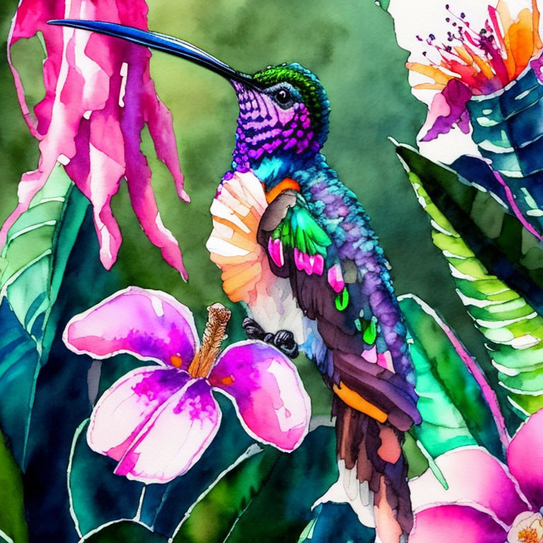 Colorful Watercolor Painting: Hummingbird Feeding on Pink Flower