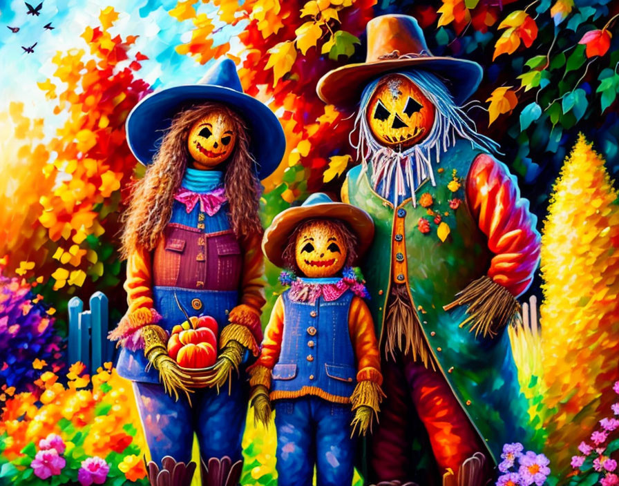 Colorful scarecrows standing in autumn foliage with pumpkins.