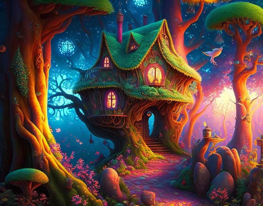 Whimsical treehouse in an enchanting forest at twilight