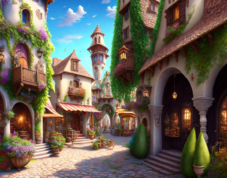 Picturesque European-style village with cobblestone street, colorful buildings, ivy, florals,